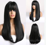 Long Black Wig with Bangs synthetic fibre Hair Black Straight Wig with Dark Roots