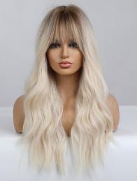 lc8008 Long Blonde Wig with Bangs synthetic fibre Hair Ombre Blonde Wavy Wig with Dark Roots