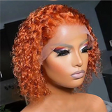 Orange Ginger Color Bob Curly Wig Human Hair Lace Frontal Wig 180% Density Transparent Lace Wigs BOB-ORJC-TR