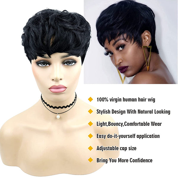 Short Pixie Wigs for Black Women Human Hair Wigs Short Layered Cut Wigs with Bangs 1B Color MS