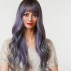 Long purple Wig with Bangs synthetic fibre Hair Ombre purple Wavy Wig with Dark Roots for Women Daily Party Cosplay Wear