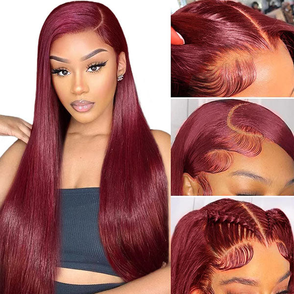 Wine Red Burgundy  99J# Human Hair Straight Lace Frontal Wig 180% Density Transparent Lace Closure Wigs 99JST-TR