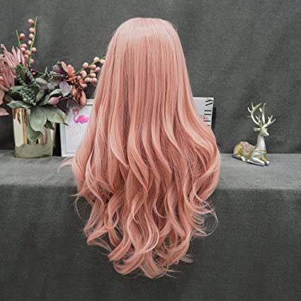 Orange Pink Mixed Color Glueless Long Wavy Middle Parting Synthetic Lace Front Wigs For Women Heat Resistant 22 Inches High quality Synthetic