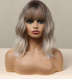 lc032 Short Dark Pink Bob Wigs with Bangs for Women chemical fibre Hair Ombre Wig with Dark Roots Loose Wavy Wigs for Cosplay Daily Party Wear