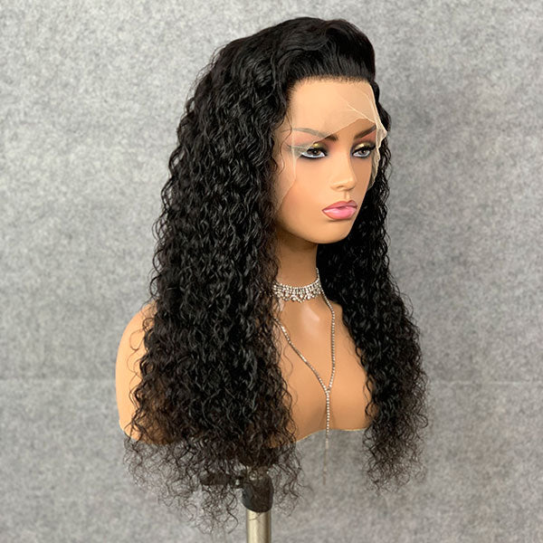 Curly Human Hair Lace Frontal Wig 180% Density Transparent Lace Wigs Natural color DC-TR
