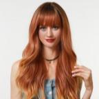 Long dark orange Wig with Bangs sythetic fibre Hair Ombre  dark orange Wavy Wig with Dark Roots for Women Daily Party Cosplay Wear