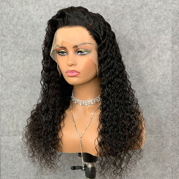 Curly Human Hair Lace Frontal Wig 180% Density Transparent Lace Wigs Natural color DC-TR