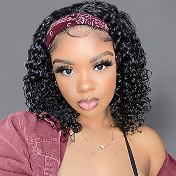 Short Curly Headband Wig Human Hair Wigs for Black Women Pixie Cut Kinky Curly Bob Glueless Half Wigs 150% Density Black Color 058