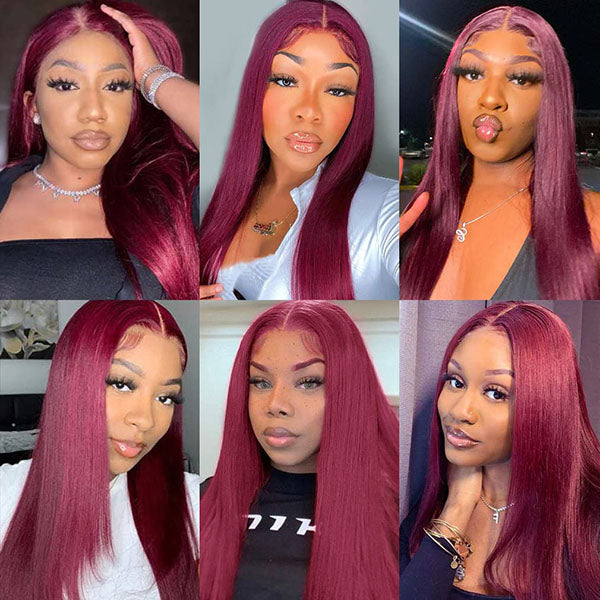 Wine Red Burgundy  99J# Human Hair Straight Lace Frontal Wig 180% Density Transparent Lace Closure Wigs 99JST-TR
