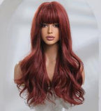 Long Burgendy Wig with Bangs synthetic fibre Hair Burgundy Wavy Wig with Dark Roots