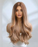 lc8038 Long Blonde Mixed Brown Wigs for Women, Synthetic Wavy Hair Wig for Daily Party