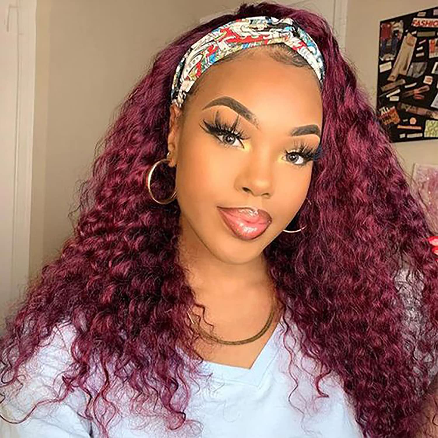 Deep Wave Headband Wigs for Women Long Black Deep Curly Wig with Headbands Attached Glueless Water Wave Headband Wigs 22inch None Lace Front Wig 150 Density