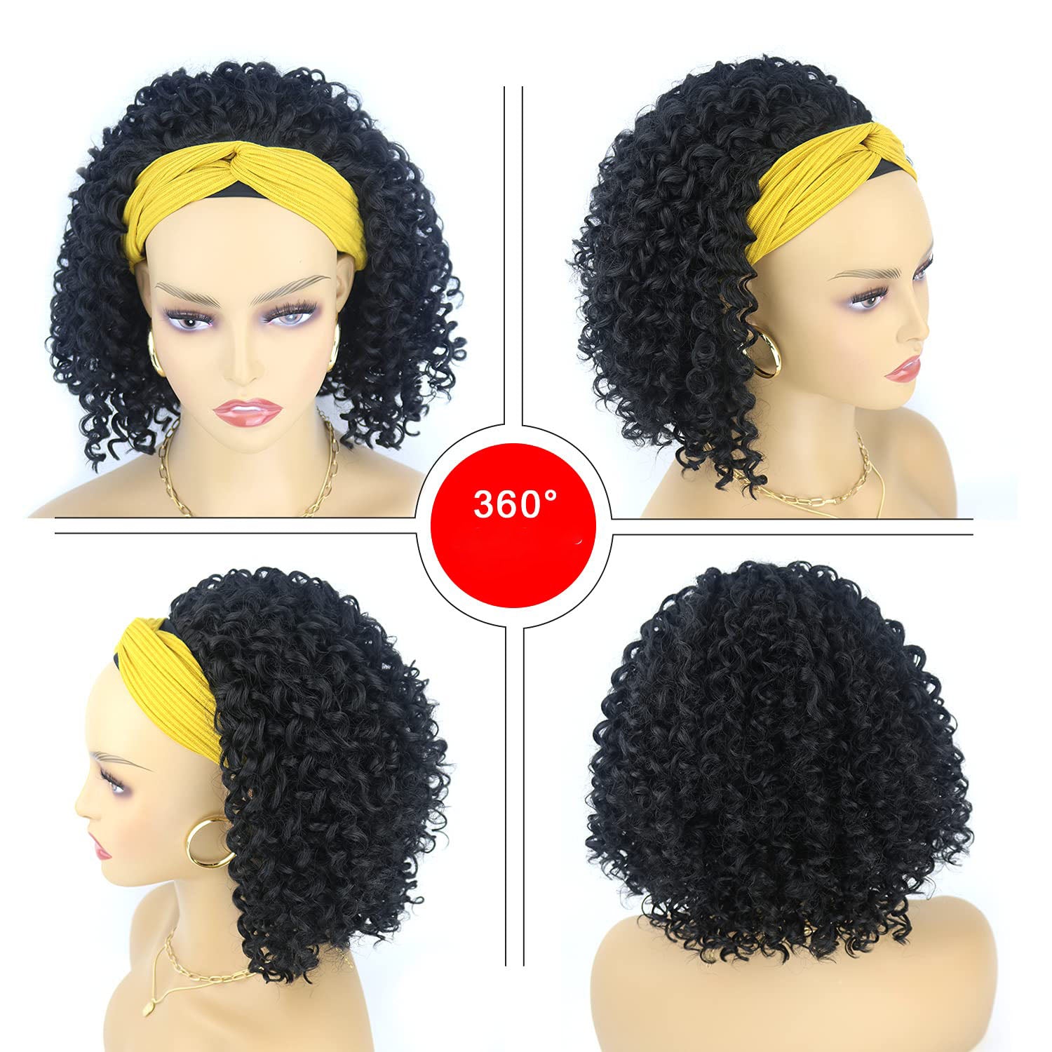 Short Curly Bob Headband Wig for Women Natural Black Deep Wave Headband Curly Wig 10inch Synthetic Pixie Wig Glueless None Lace