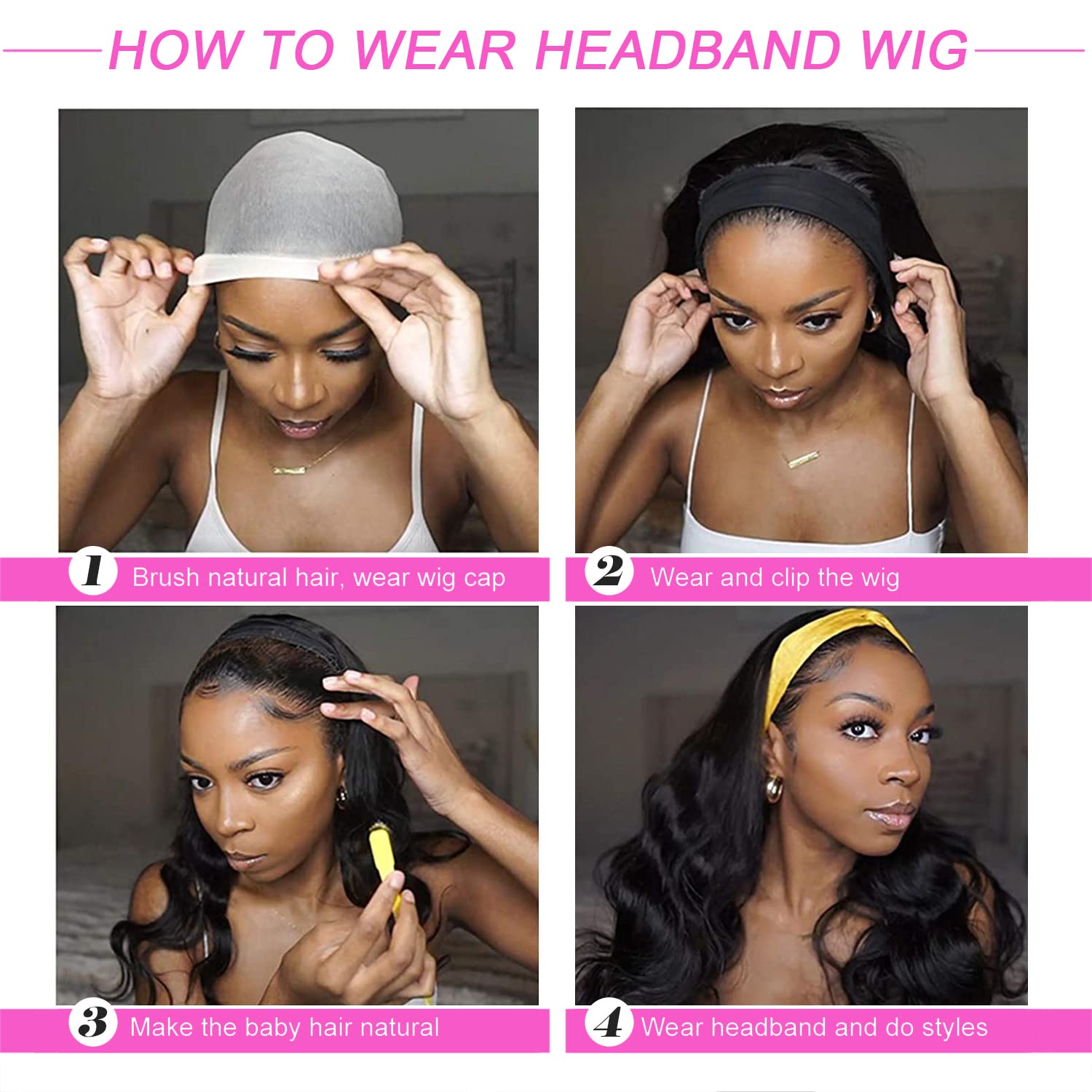 Body Wave Headband Wigs for Women Synthetic Blonde Highlight Long Wavy Headband Wig with Headband Attached 22inch Machine Made Glueless None Lace Front Wigs 180% Density(22inch,HL6/3027#)