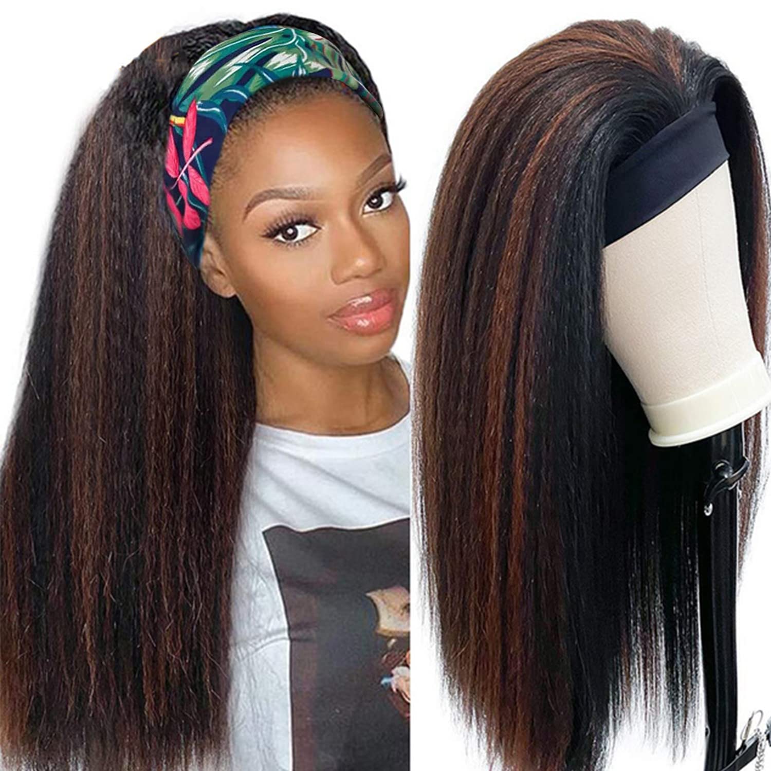 Straight Headband Wigs for Women Long Black Yaki Straight Headband Wig Synthetic Afro Wig with Headbands Attached Glueless None Lace Front Wig 22inch for Daily