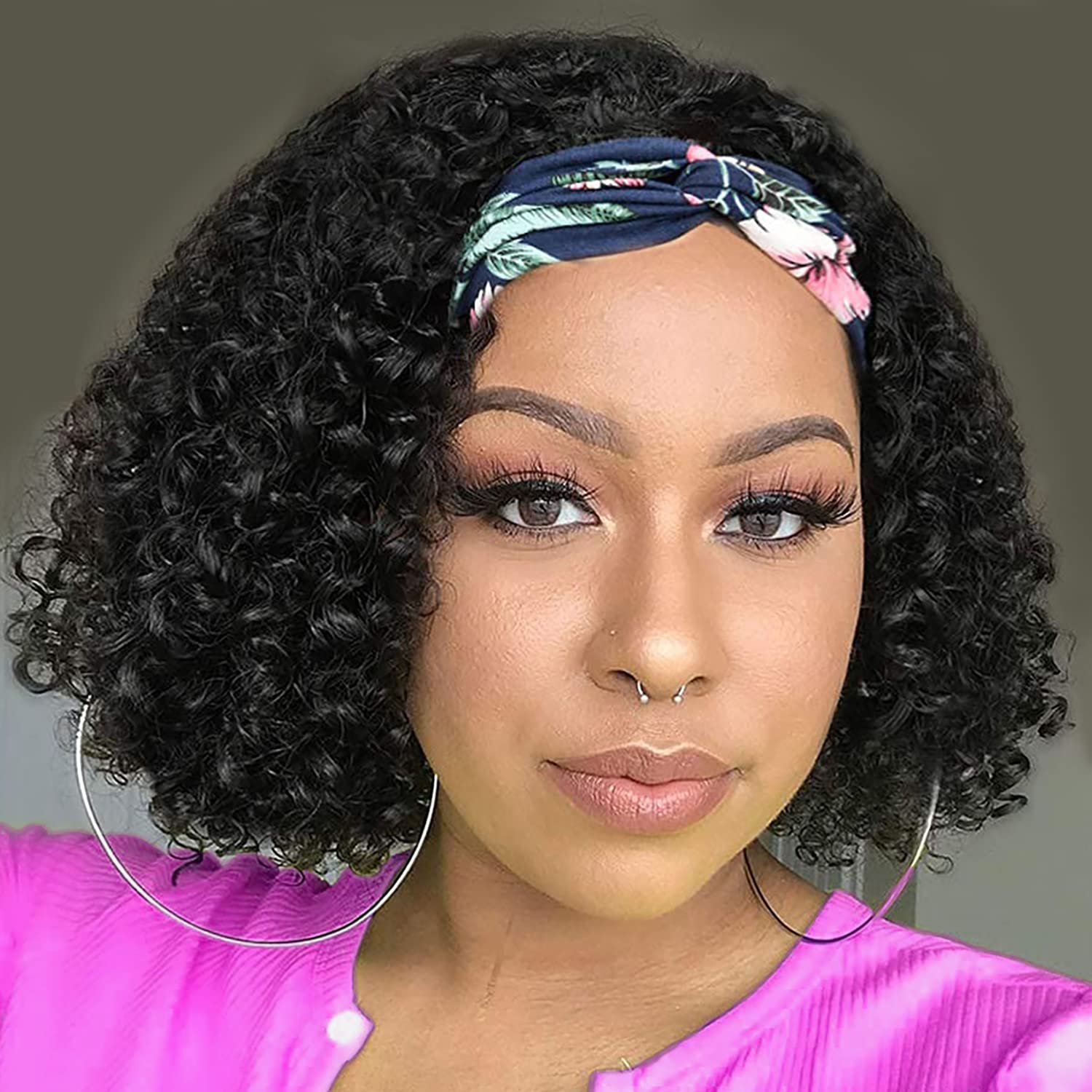 Short Curly Bob Headband Wig for Women Natural Black Deep Wave Headband Curly Wig 10inch Synthetic Pixie Wig Glueless None Lace