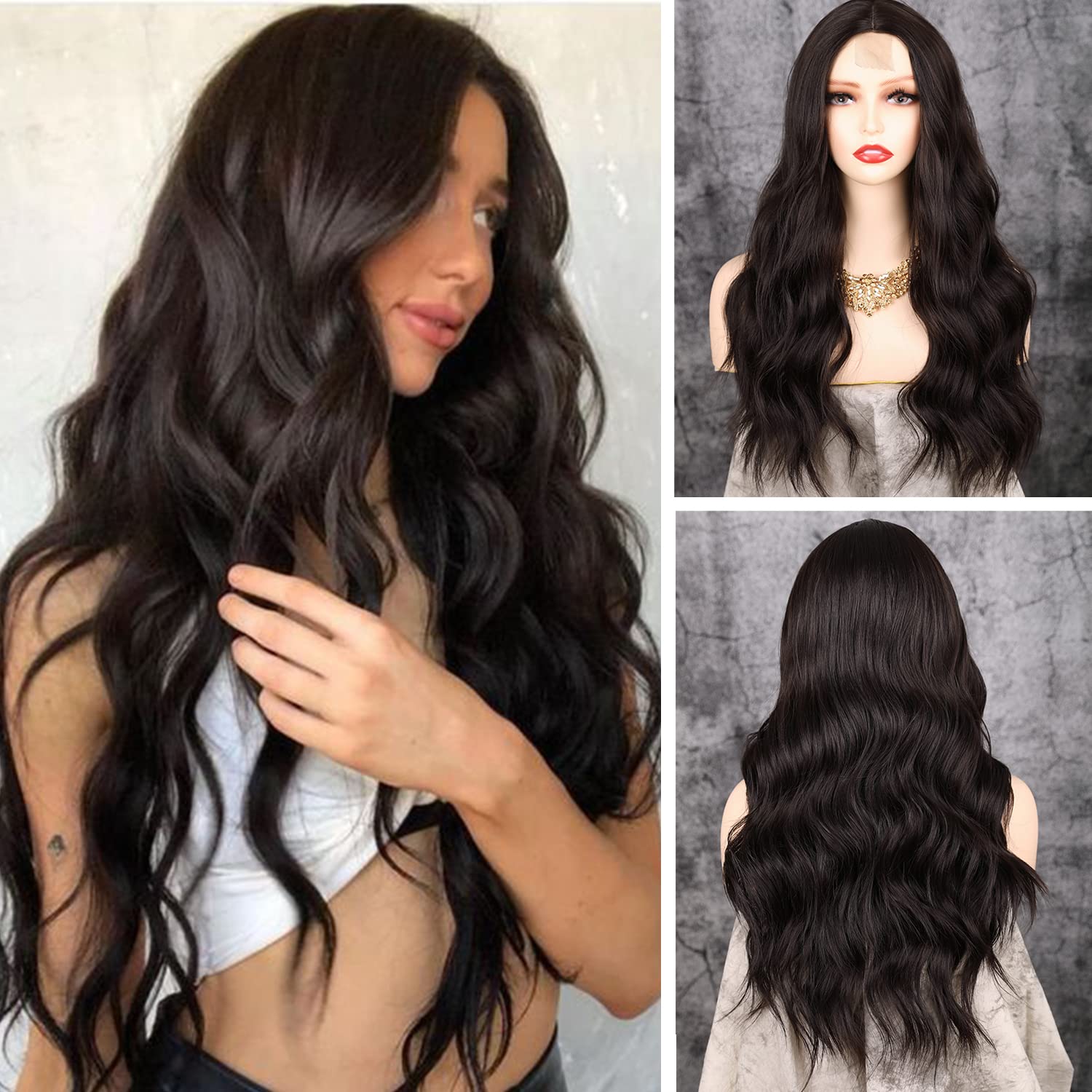 Long Wavy Wig for Women Middle Part Long Curly Ombre Brown Wig Synthetic Hair Replacement Wigs Natural Looking Dark Roots Heat Resistant Fiber for Daily Party Use
