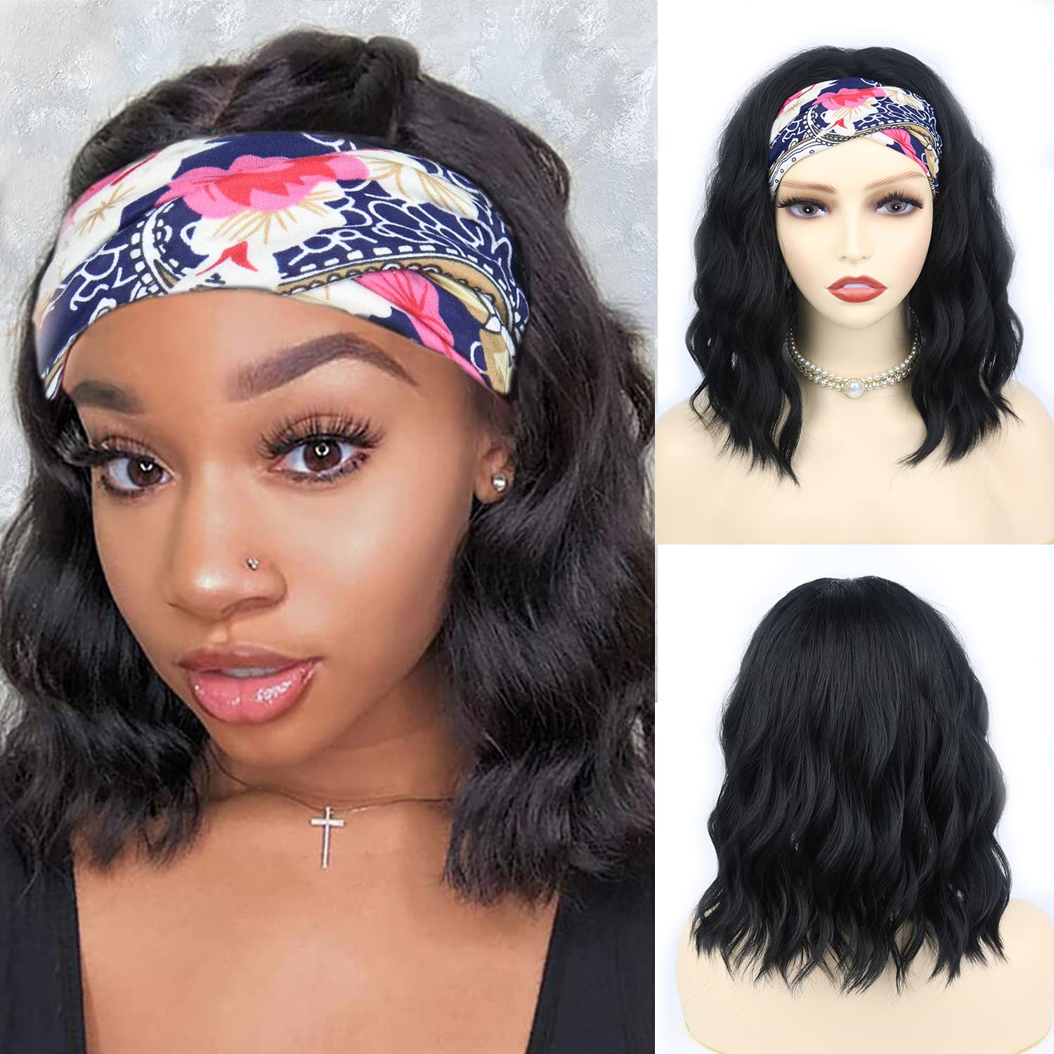 Short Headband Wigs for Black Women Curly Headband Wig Short Black Bob Wig Glueless Synthetic Wavy Wigs with Black Headbands for Women 14 Inch(14 Inch, Natural Black)