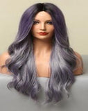 Purple Wig Long Purple Curly Wigs for Women Purple Highlights Gray Wig with Brown Roots Natural Synthetic Wig