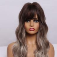 lc303-1 Long grey Wig with Bangs synthetic fibre Hair Ombre grey Wavy Wig with Dark Roots