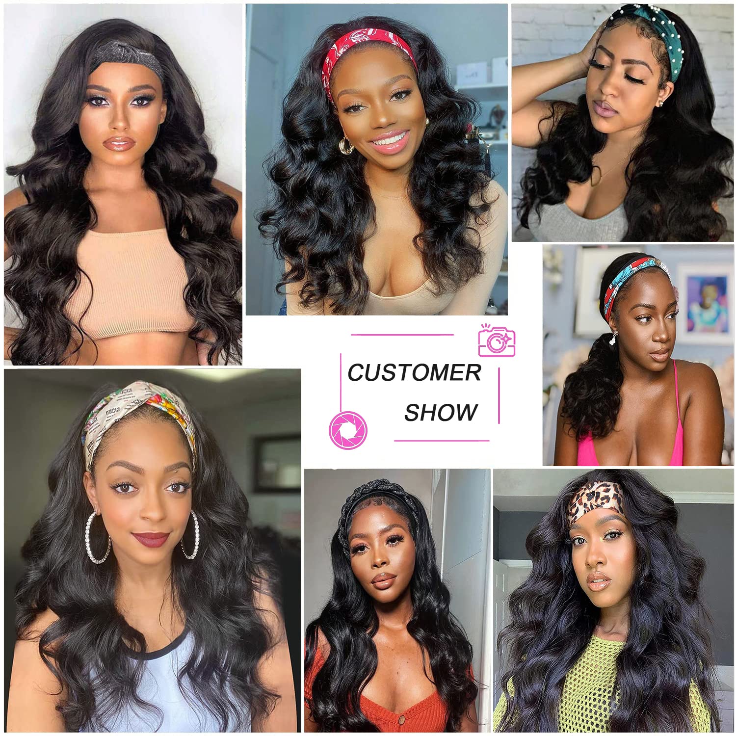 Body Wave Headband Wigs for Women Synthetic Blonde Highlight Long Wavy Headband Wig with Headband Attached 22inch Machine Made Glueless None Lace Front Wigs 180% Density(22inch,HL6/3027#)