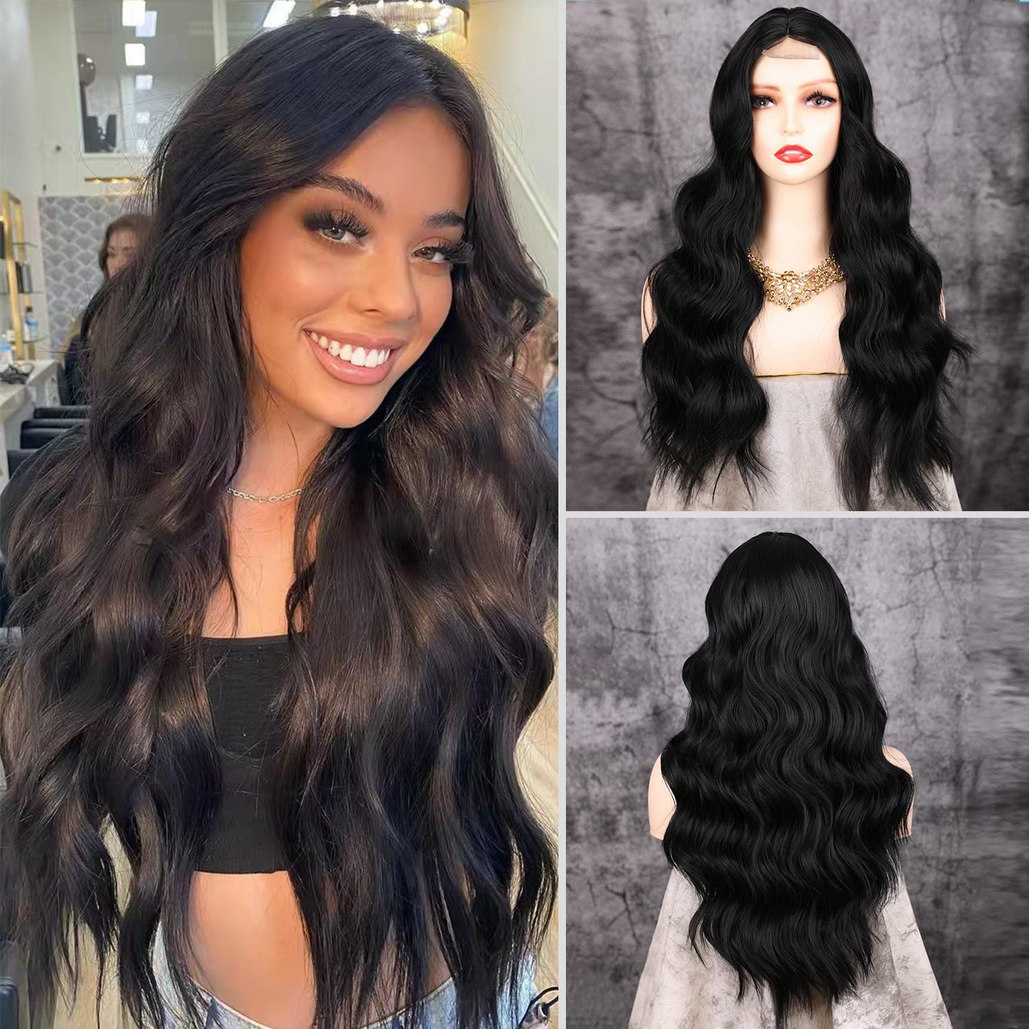 Long Wavy Wig for Women Middle Part Long Curly Ombre Brown Wig Synthetic Hair Replacement Wigs Natural Looking Dark Roots Heat Resistant Fiber for Daily Party Use