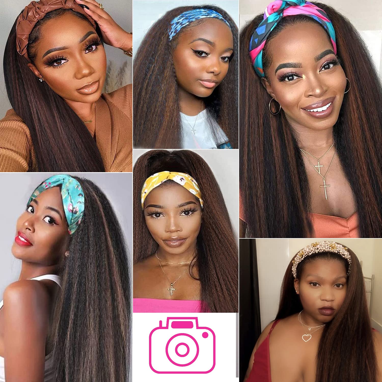 Straight Headband Wigs for Women Long Black Yaki Straight Headband Wig Synthetic Afro Wig with Headbands Attached Glueless None Lace Front Wig 22inch for Daily