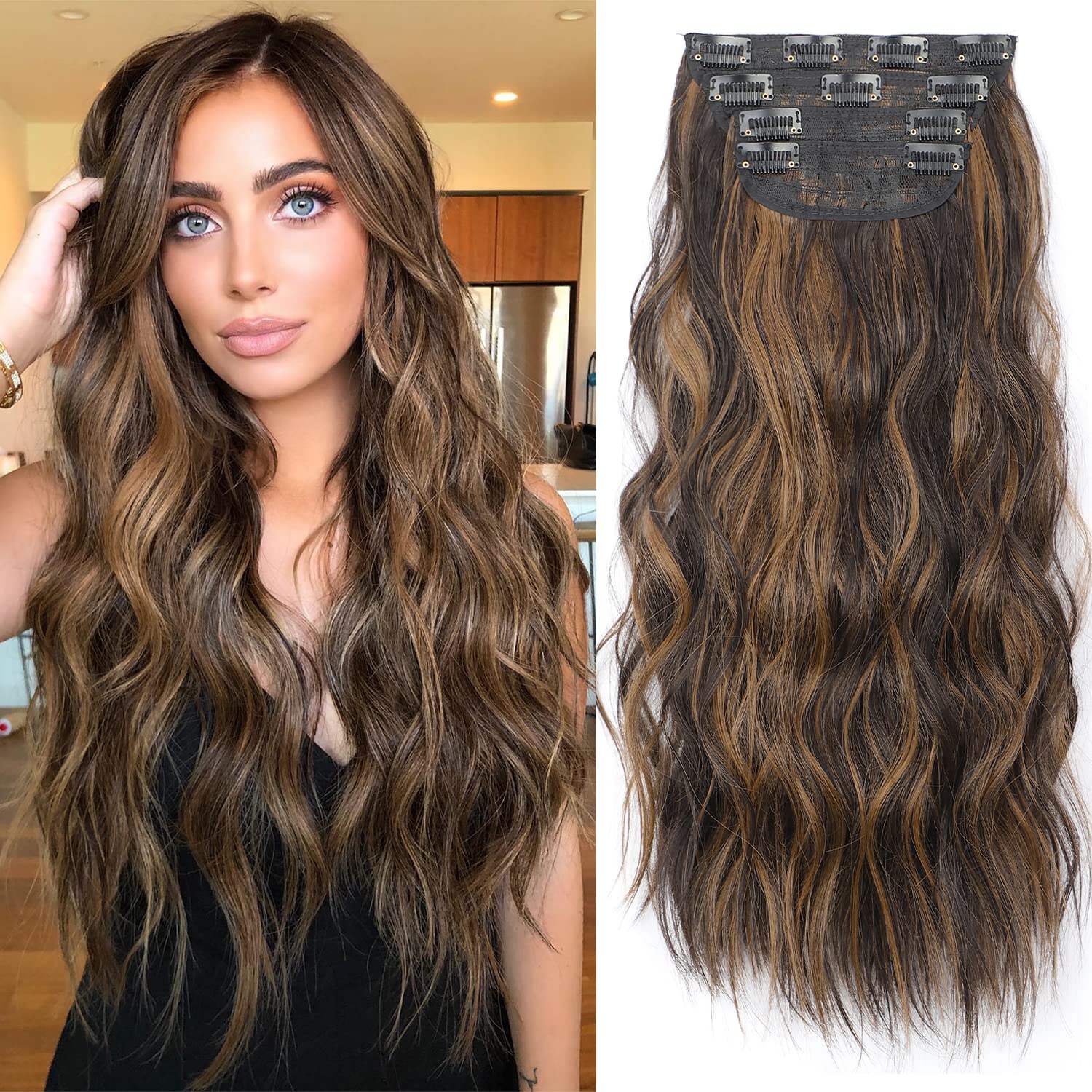 Clip in Long Wavy Synthetic Hair Extension 20 Inch 4PCS Balayage Dark Brown to Chestnut Hairpieces Fiber Thick Double Weft Hair Extension for Women