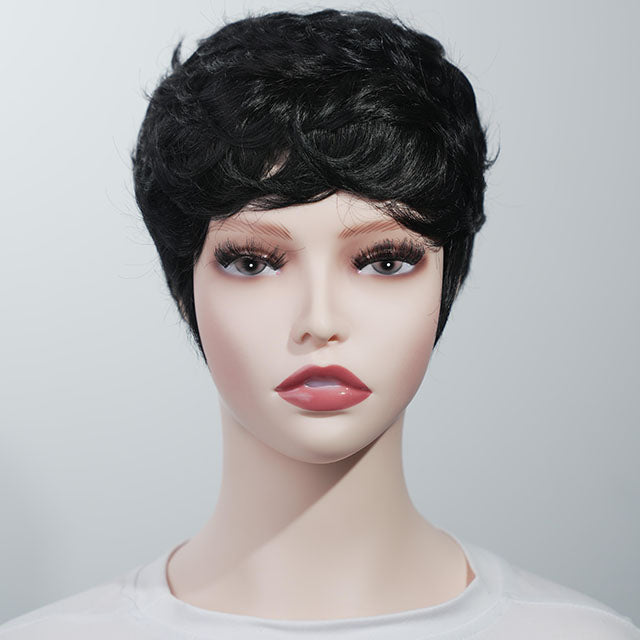 Short Wavy Human Hair Wigs with Bangs Pixie Cut Brazilian Hair Wigs Short Black Layered Pixie Wavy Wigs for Women (Side Wavy 1B#)