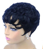 Short Wavy Human Hair Wigs with Bangs Pixie Cut Brazilian Hair Wigs Short Black Layered Pixie Wavy Wigs for Women (Side Wavy 1B#)