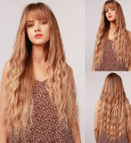 lc6040 Long Brown Wig with Bangs synthetic fibre Hair Brown Wavy Wig with Dark Roots