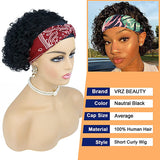 Short Curly Headband Wig Human Hair Wigs for Black Women Pixie Cut Kinky Curly Bob Glueless Half Wigs 150% Density Black Color 058