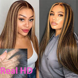 Real HD Lace Front Wig Highlight Blonde Brown Straight UNDETECTABLE INVISIBLE Closure Lace Wigs 180% Density 427ST-HD