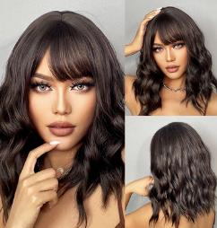 Short Pink Bob Wigs with Bangs for Women synthetic fibre Hair Ombre Wig with Dark Roots Loose Wavy Wigs