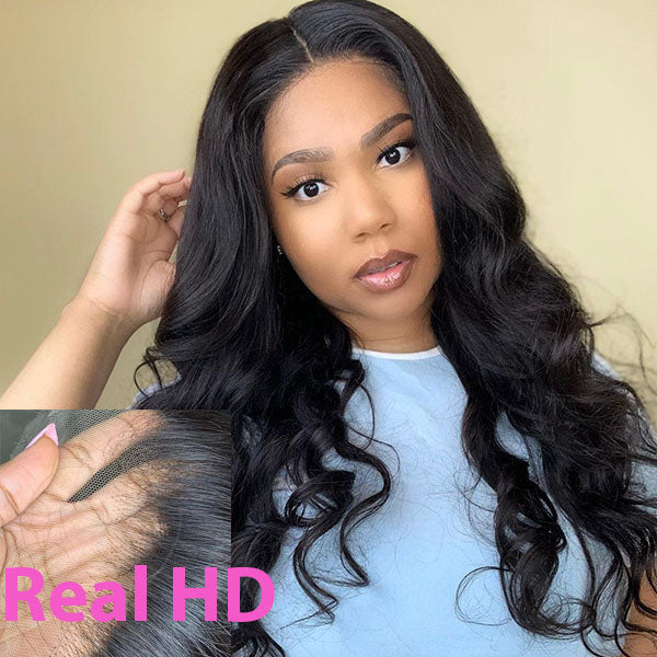 Real HD Lace Frontal Wig Body Wave UNDETECTABLE INVISIBLE Closure Lace Wigs 180% Density Natural color BW-HD