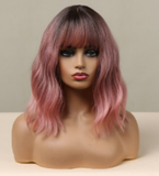 lc032 Short Dark Pink Bob Wigs with Bangs for Women chemical fibre Hair Ombre Wig with Dark Roots Loose Wavy Wigs for Cosplay Daily Party Wear